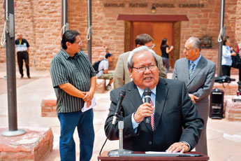 Navajo Nation Speaker Johnny Naize addresses local media during a press conference outside the Navajo Nation Council Chambers in Window Rock Friday. &copy; 2011 Gallup Independent / Cable Hoover 